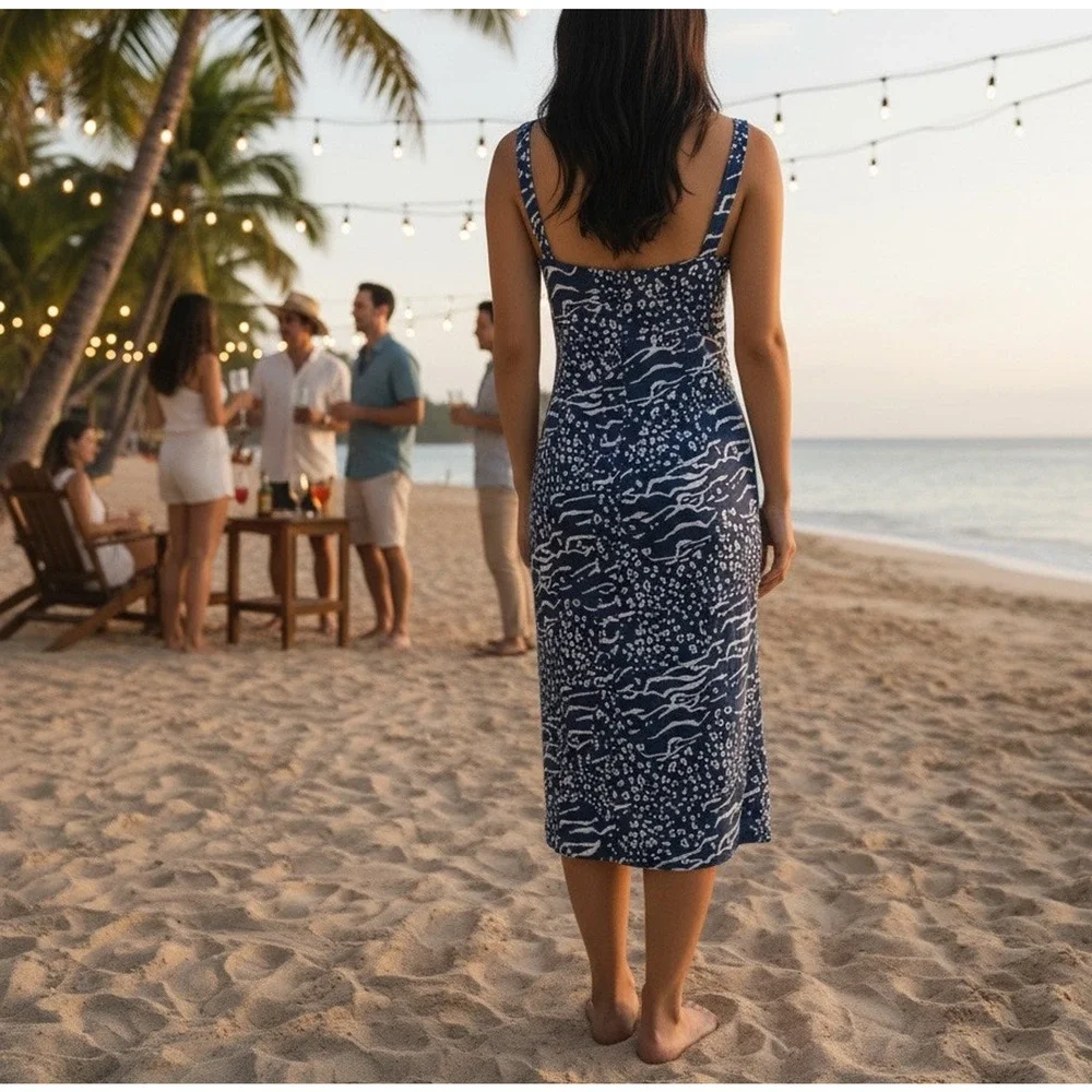 Tanya Taylor Blue Tropical Midi Dress SIZE 22 Linen Sundress Designer $500